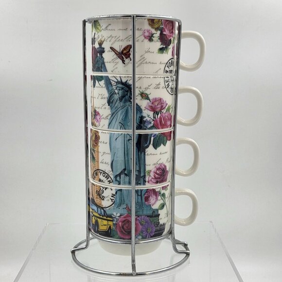New York City Skyline Set of 4 Stacking Porcelain Mugs with a Metal Rack - Picture 1 of 12
